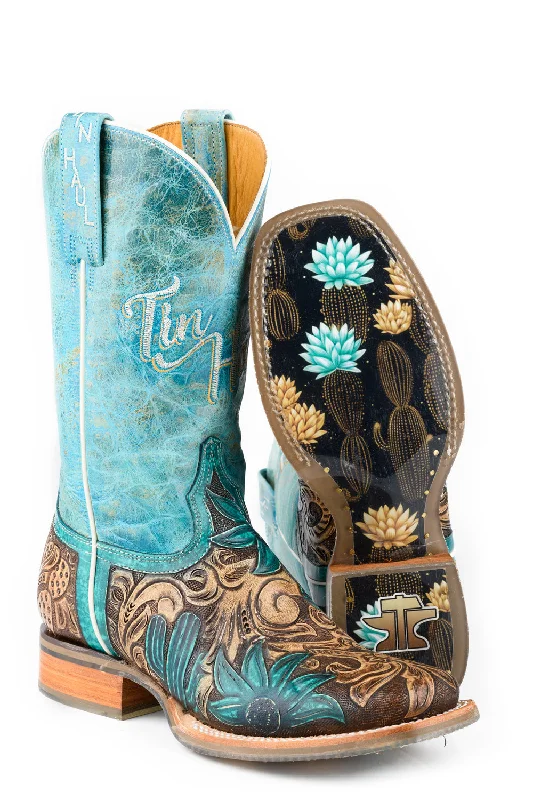 Tin Haul Womens Cactus Flower Brown/Turquoise Leather Cowboy Boots