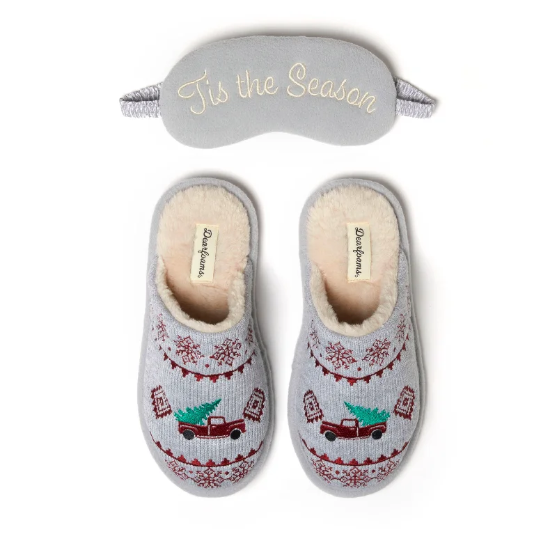 Dearfoams Women's Novelty Christmas Knit Scuff Slipper and Eyemask Gift Set