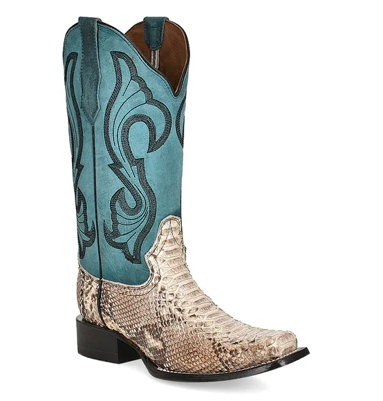 Limited Time Special Offer Circle G by Corral Ladies Natural Python & Turquoise Embroidered Square Toe Boot L5906