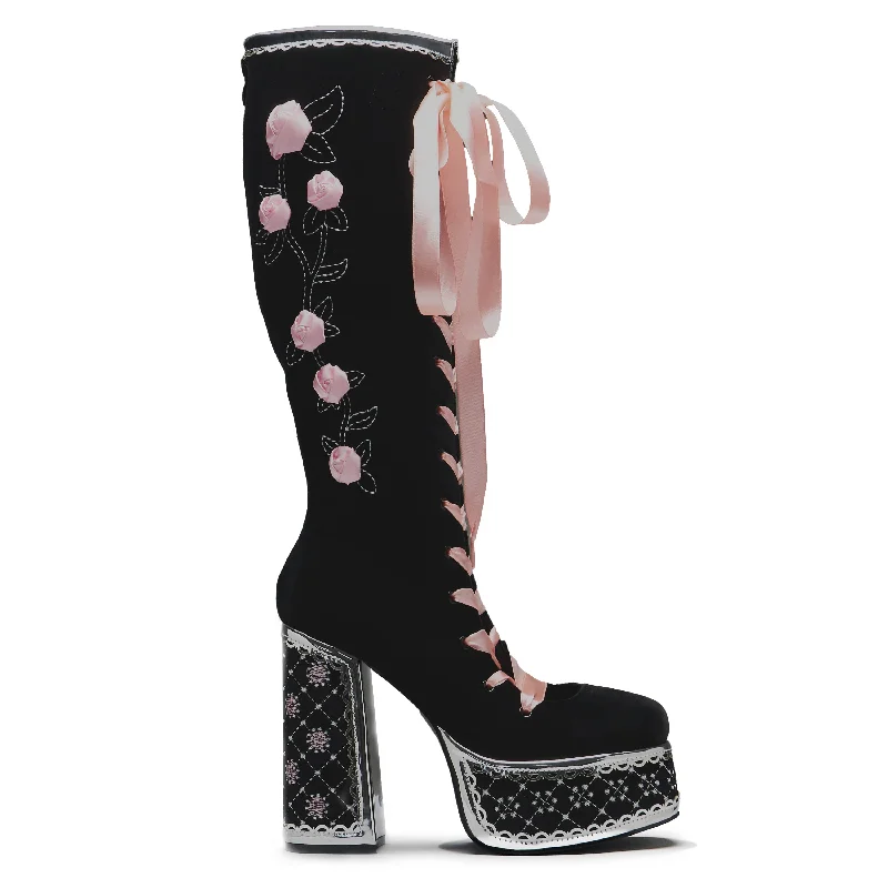 Comfortable Slip-On Shoes Guiltless Ghost Lace Up Platform Long Boots - Black