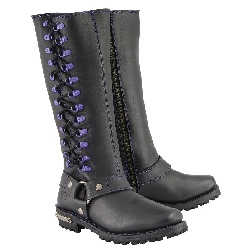 Chic Styles Milwaukee Leather Women's Black 14-inch Leather Harness Motorcycle Boots with Purple Accent Lacing MBL9366