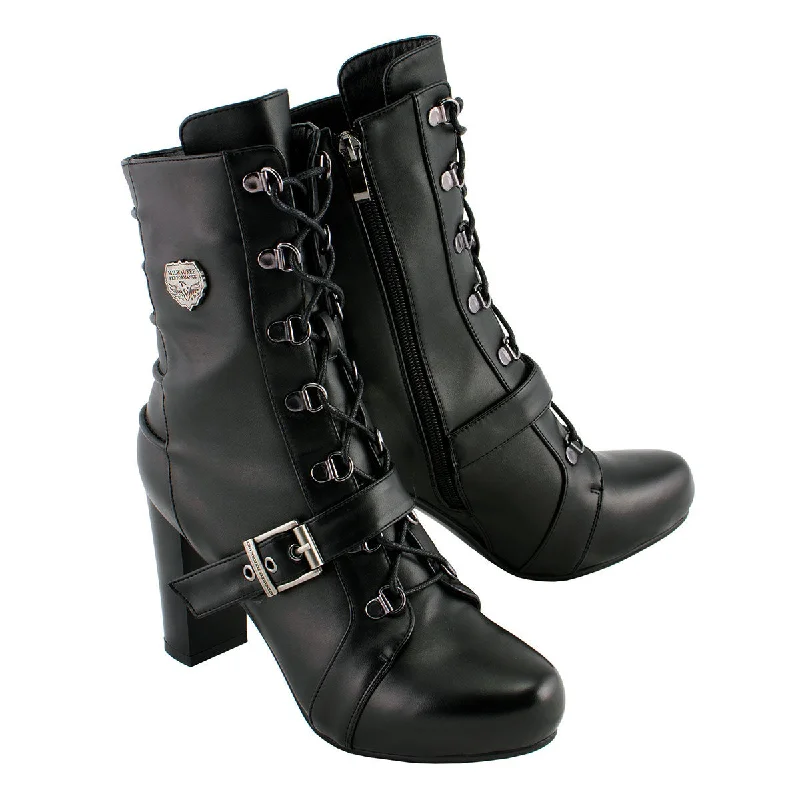 Comfortable Slip-On Shoes Milwaukee Leather MBL9431 Women's Black Lace-Up Fashion Boots with Block Heel and Buckle Strap